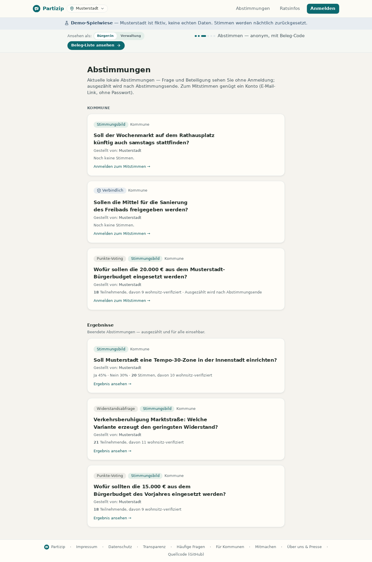 Abstimmungs-Übersicht mit Format-Badges wie „Stimmungsbild“, „Verbindlich“, „Punkte-Voting“ und „Widerstandsabfrage“ sowie einer getrennten Ergebnisse-Sektion.
